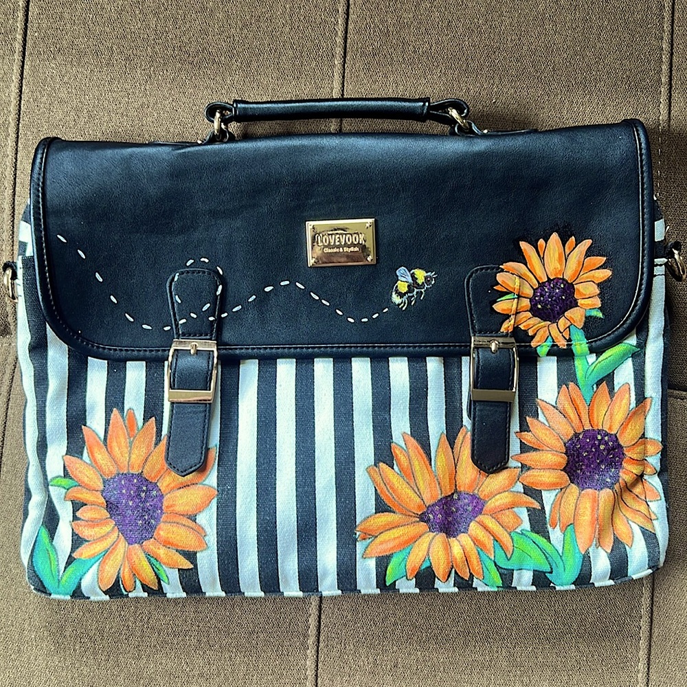 Custom sunflower painted laptop messenger bag
